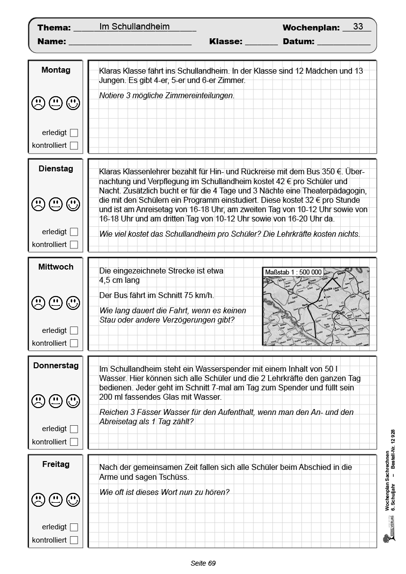 Wochenplan Sachrechnen / Klasse 6