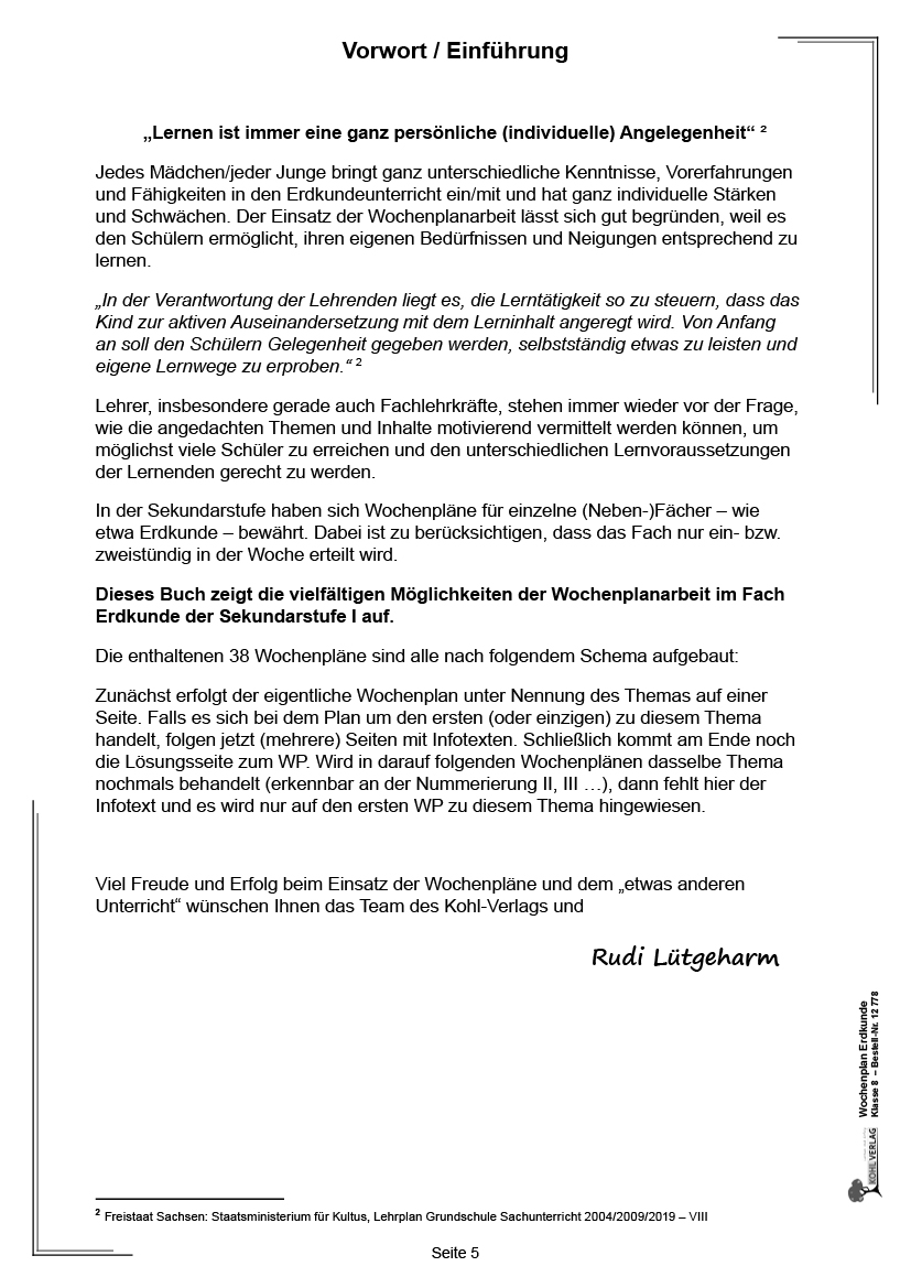 Wochenplan Erdkunde / Klasse 8