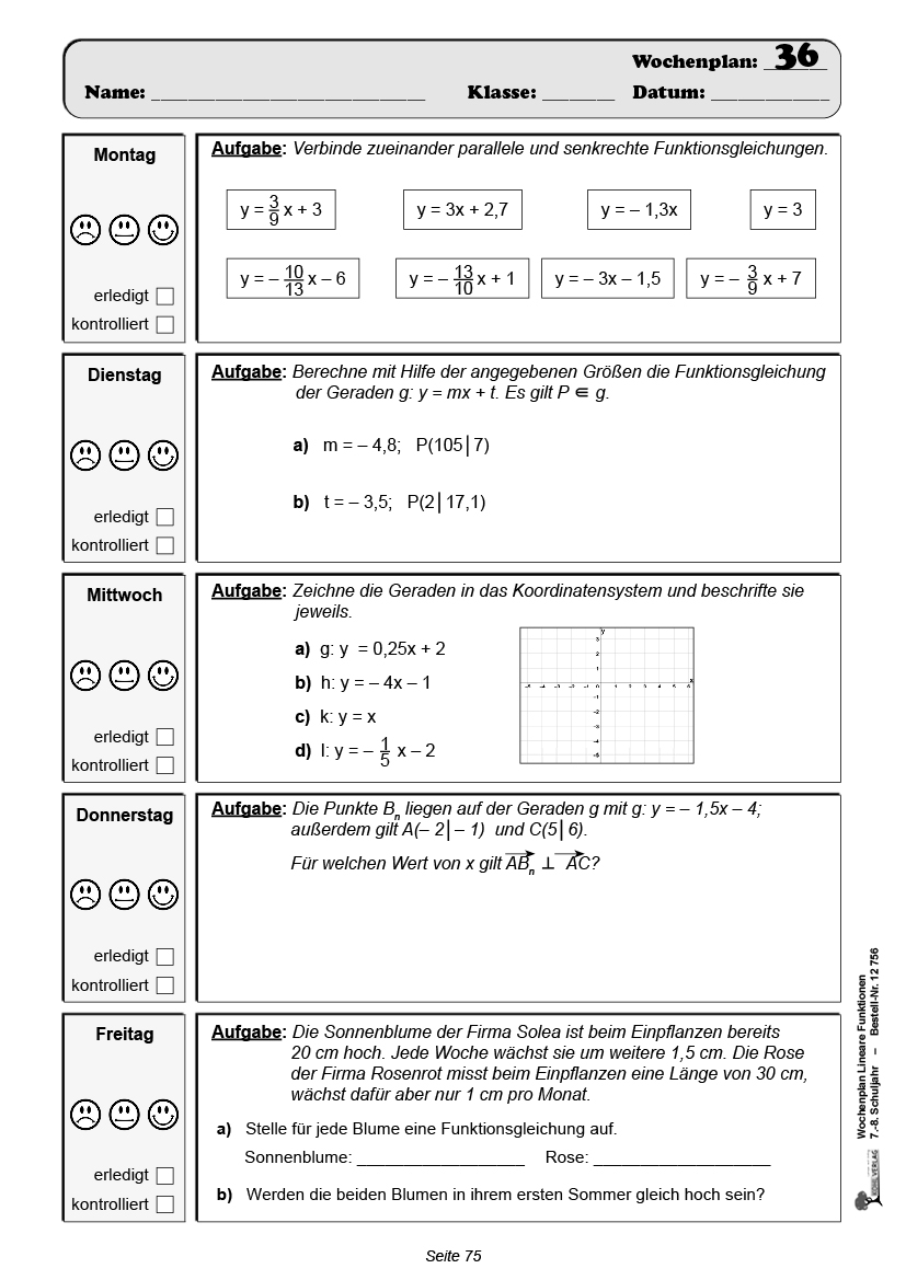 Wochenplan Lineare Funktionen / Klasse 7-8