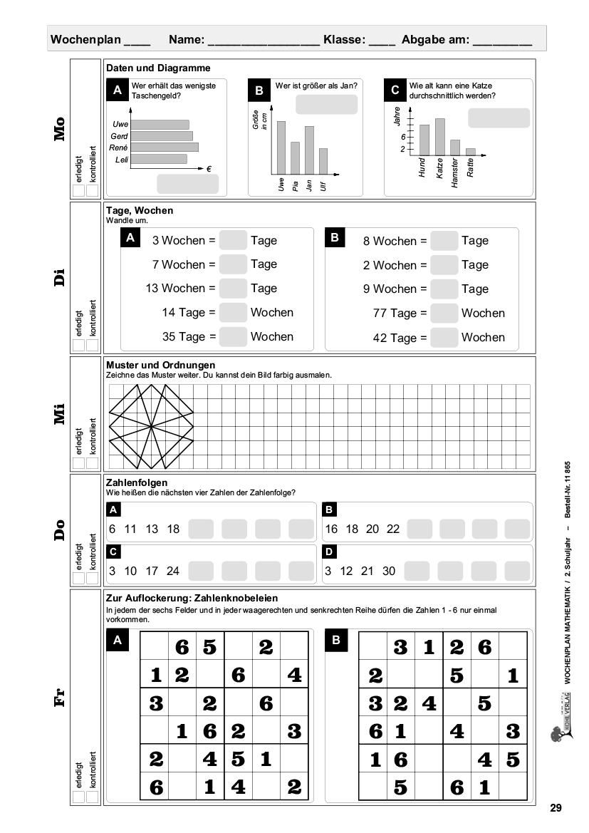 Wochenplan Mathe / Klasse 2