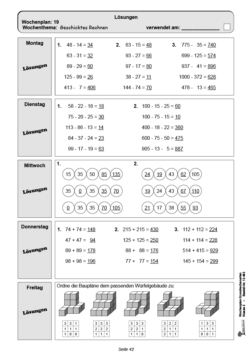 Wochenplan Grundrechenarten / Klasse 3