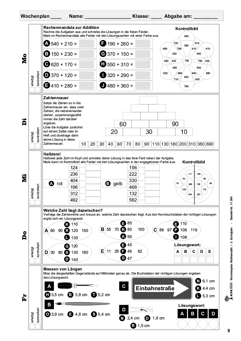 Wochenplan Mathe / Klasse 3