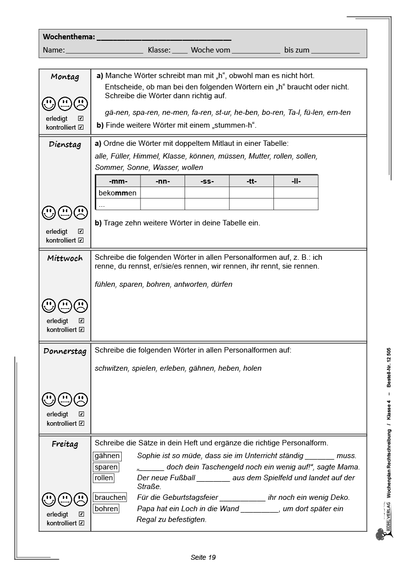 Wochenplan Rechtschreibung / Klasse 4