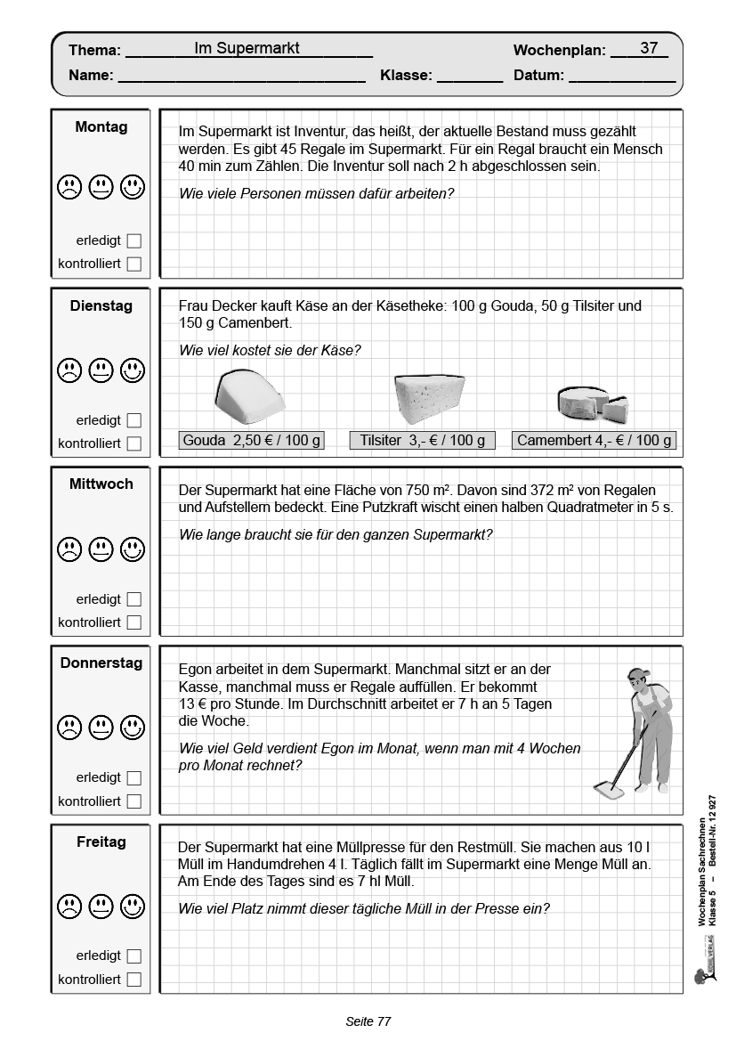 Wochenplan Sachrechnen / Klasse 5