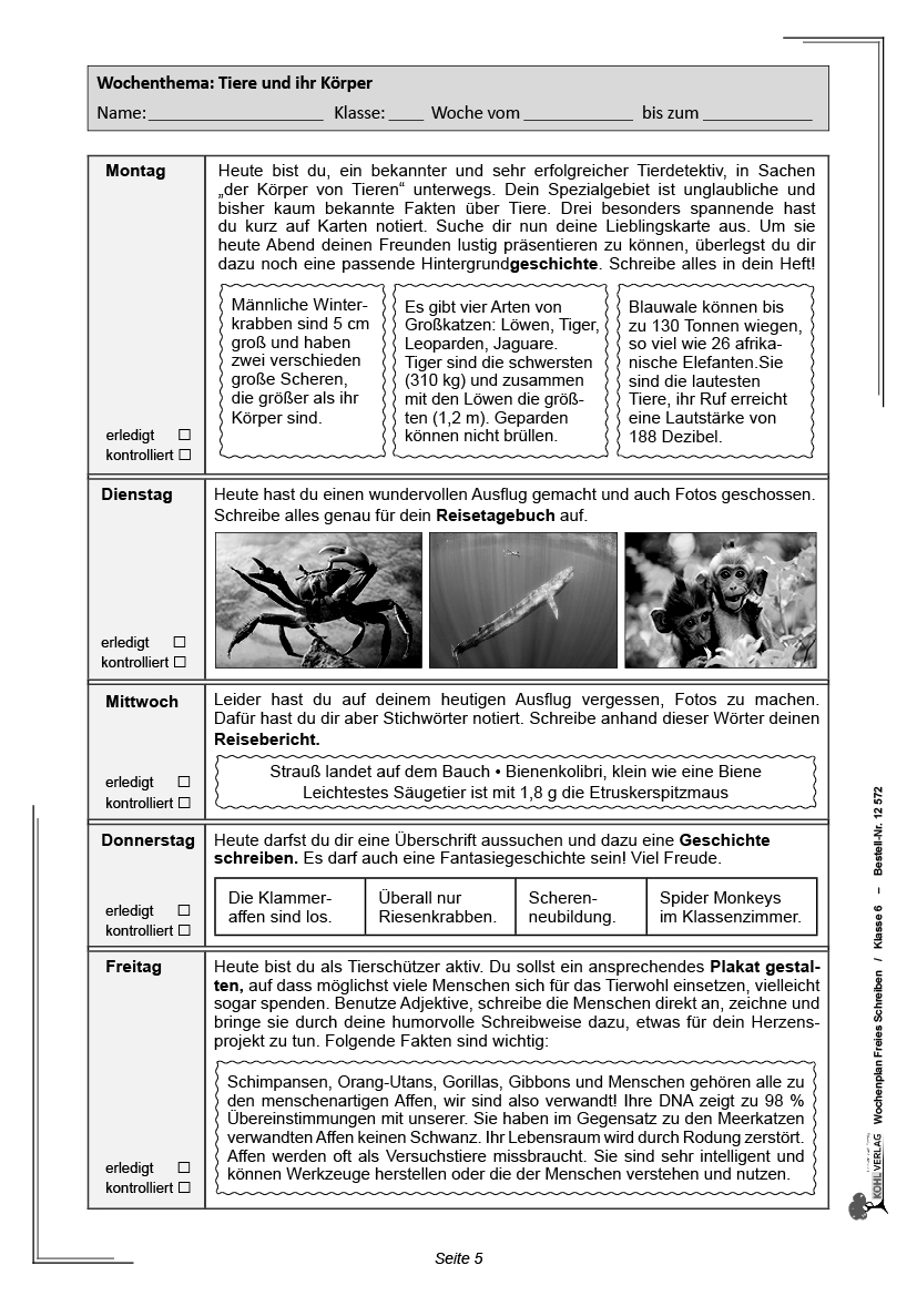 Wochenplan Freies Schreiben / Klasse 6