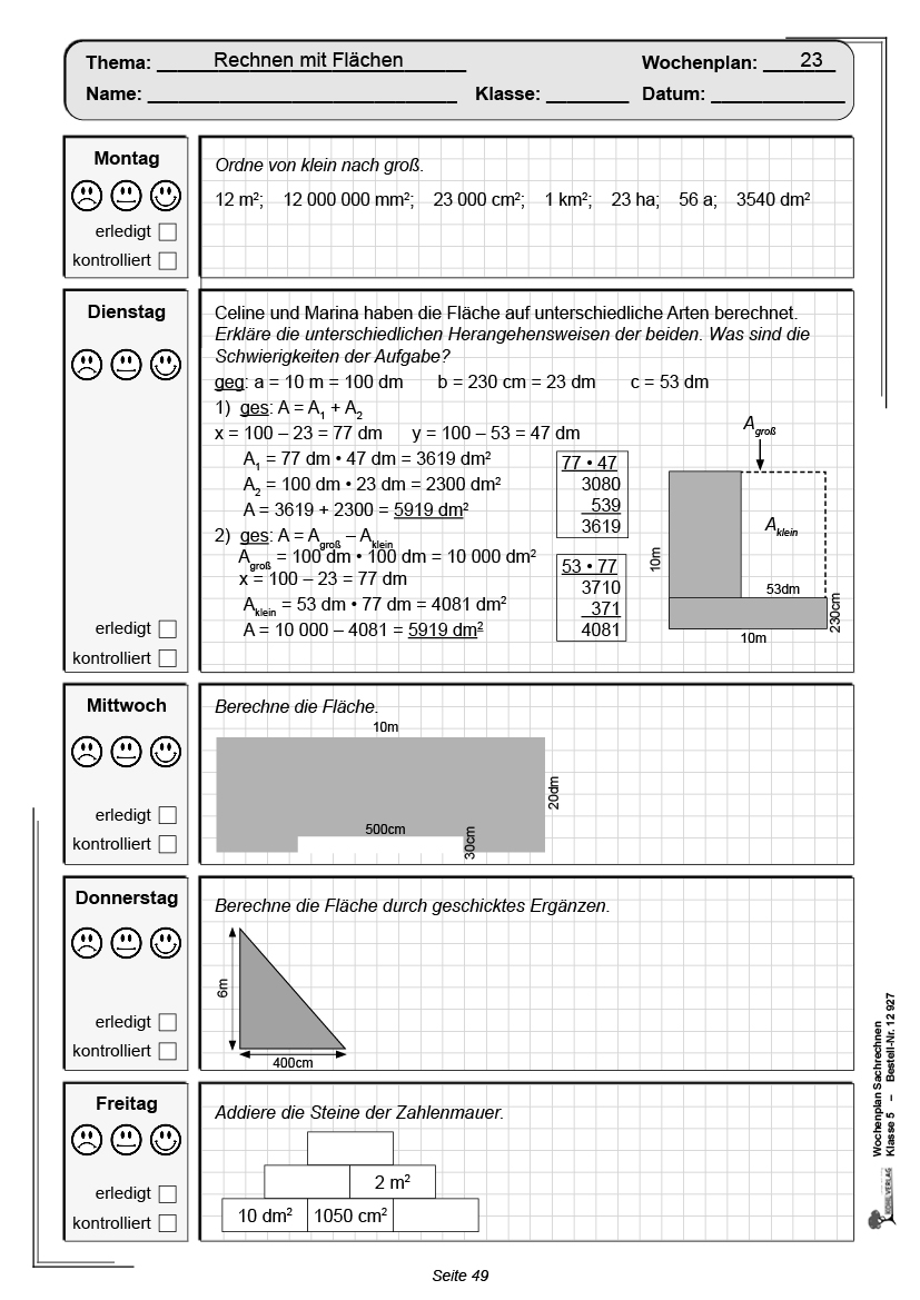 Wochenplan Sachrechnen / Klasse 5