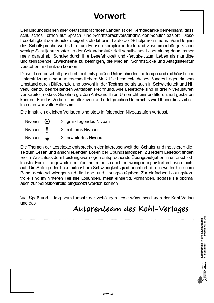Lesetraining in drei Niveaustufen / Klasse 6