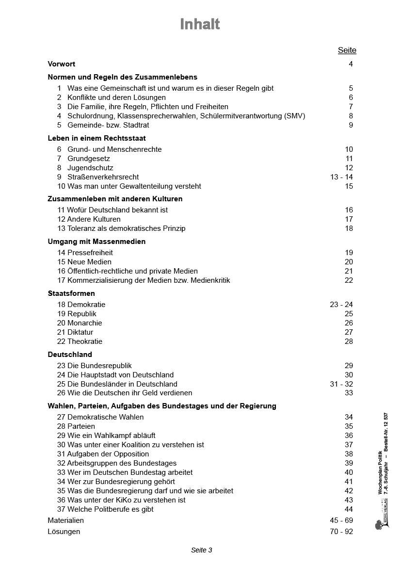 Wochenplan Politik / Klasse 7-8