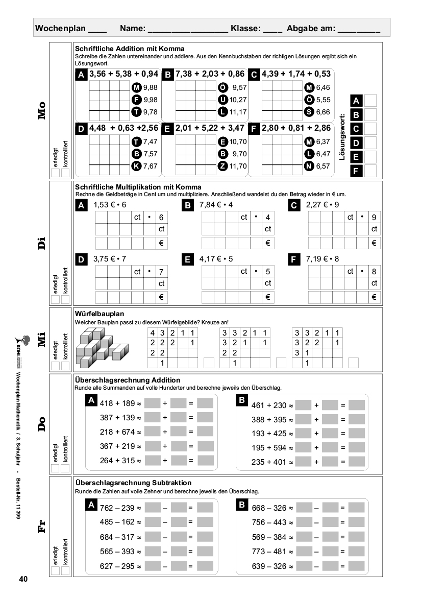 Wochenplan Mathe / Klasse 3