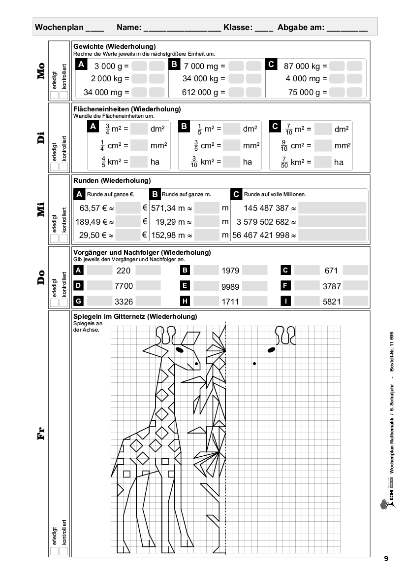 Wochenplan Mathe / Klasse 6