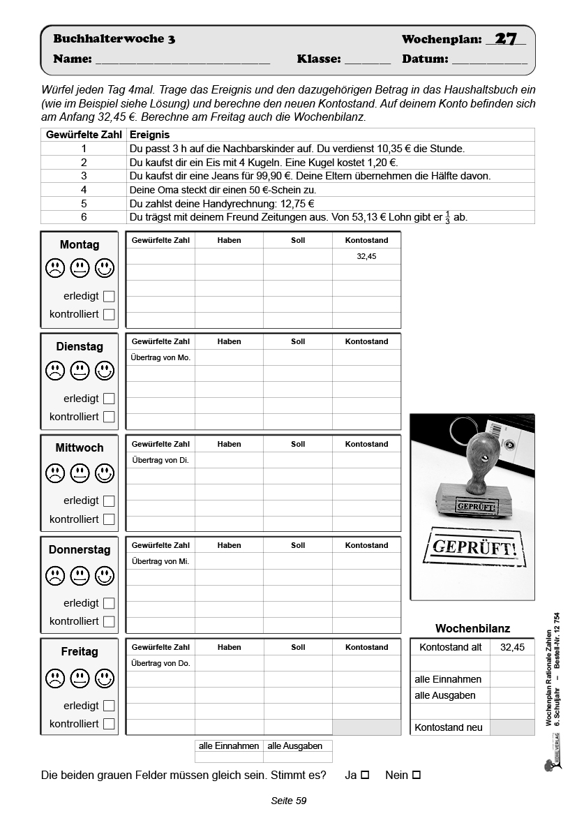 Wochenplan Rationale Zahlen / Klasse 6