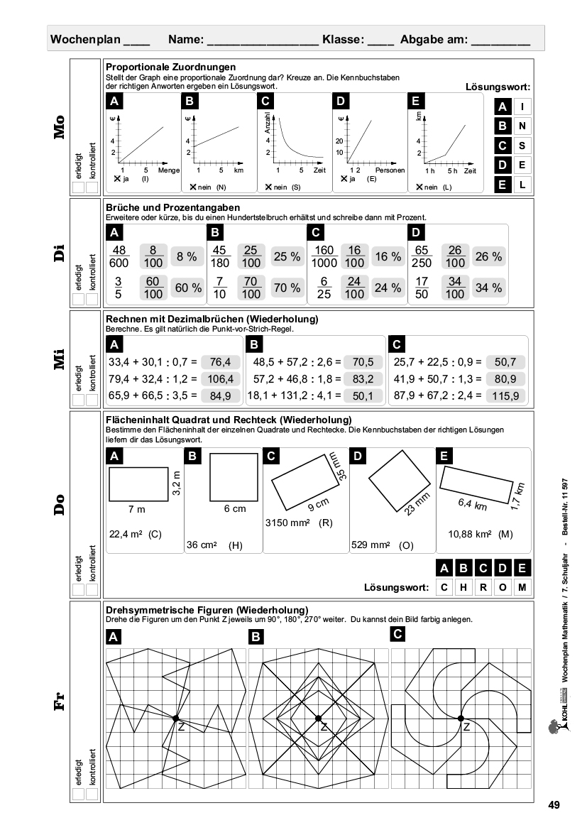 Wochenplan Mathe / Klasse 7