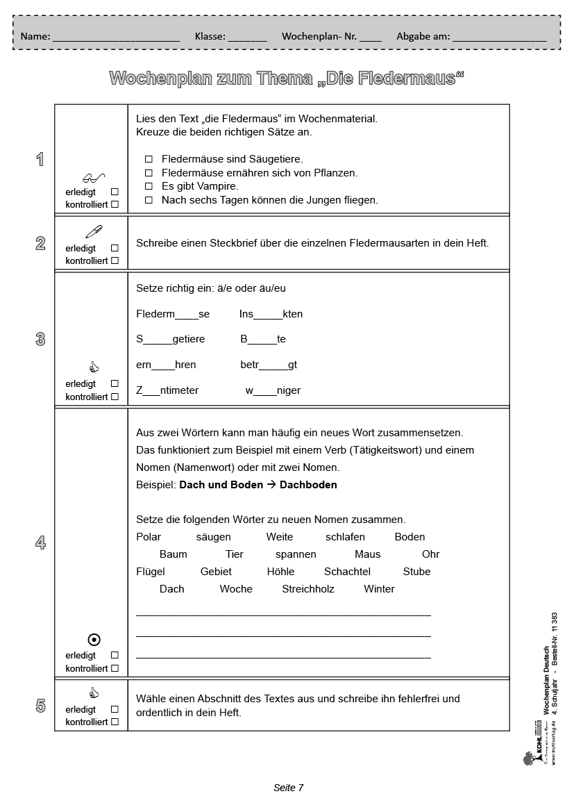 Wochenplan Deutsch / Klasse 4