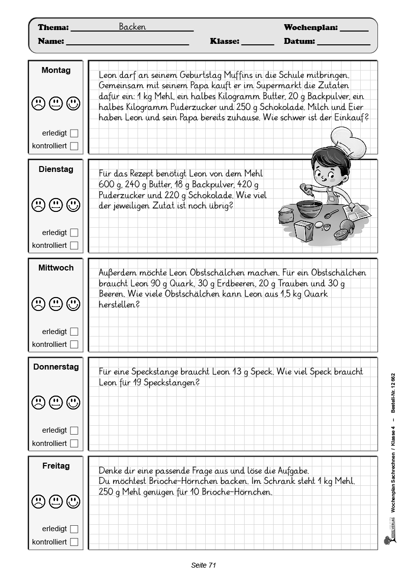 Wochenplan Sachrechnen / Klasse 4