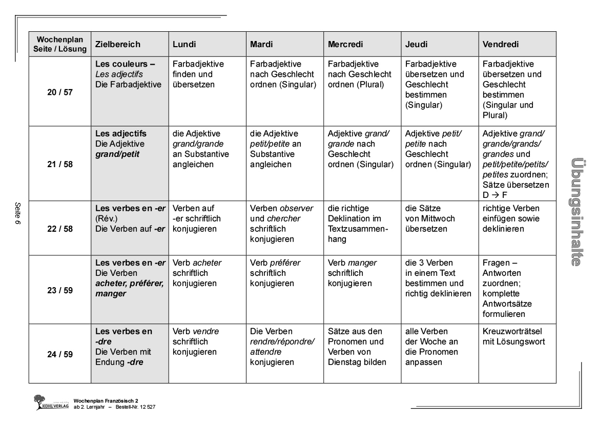 Wochenplan Französisch / ab 2. Lernjahr