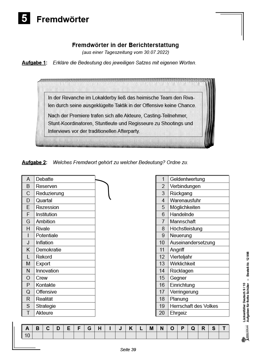 Lückenfüller Deutsch / Klasse 9/10