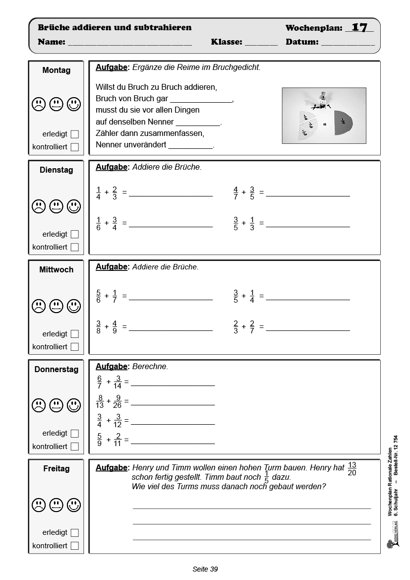 Wochenplan Rationale Zahlen / Klasse 6