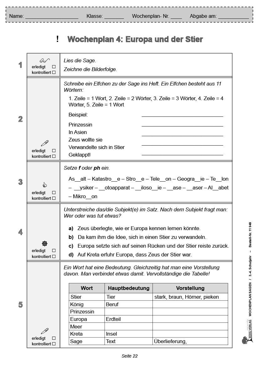 Wochenplan Sagen / Klasse 3-4