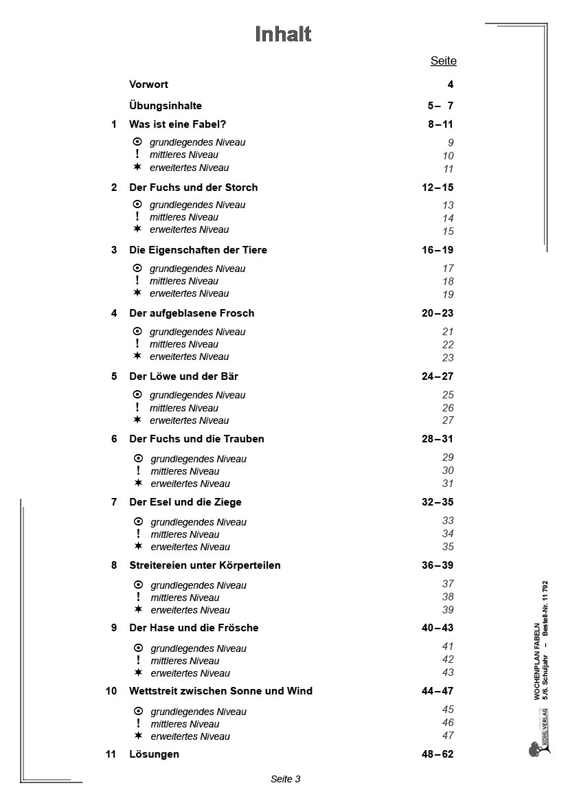 Wochenplan Fabeln / Klasse 5-6