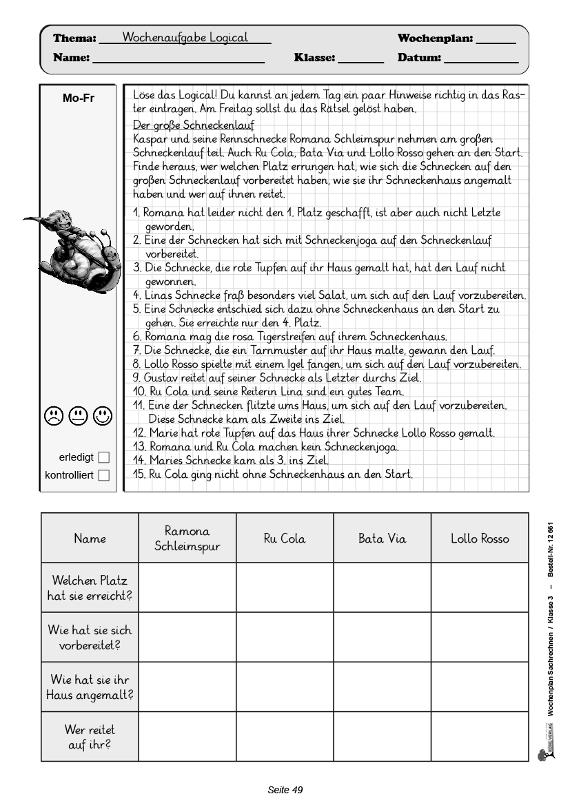 Wochenplan Sachrechnen / Klasse 3