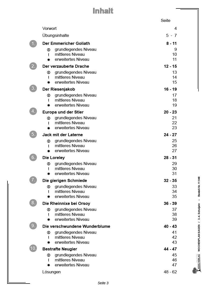 Wochenplan Sagen / Klasse 3-4