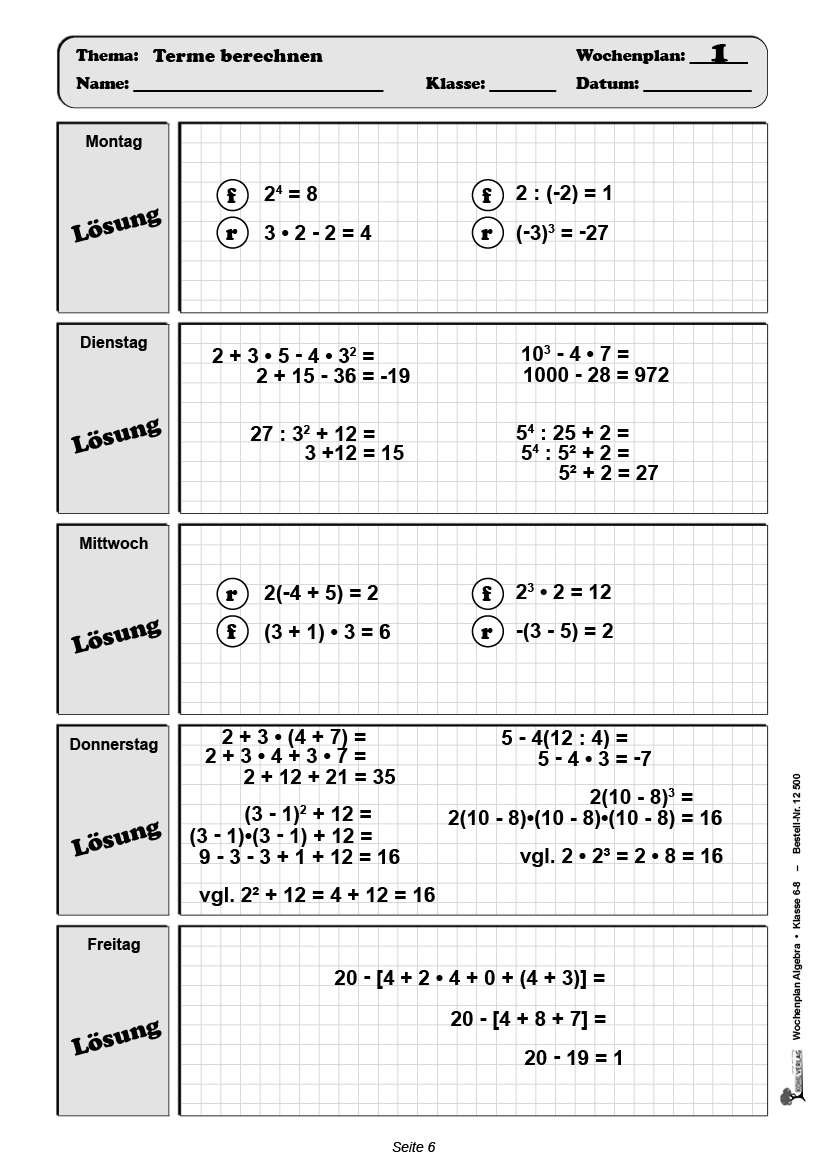 Wochenplan Algebra / Klasse 6-8