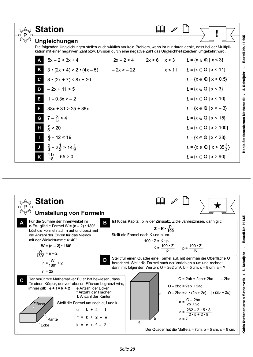 Stationenlernen Mathe / Klasse 8