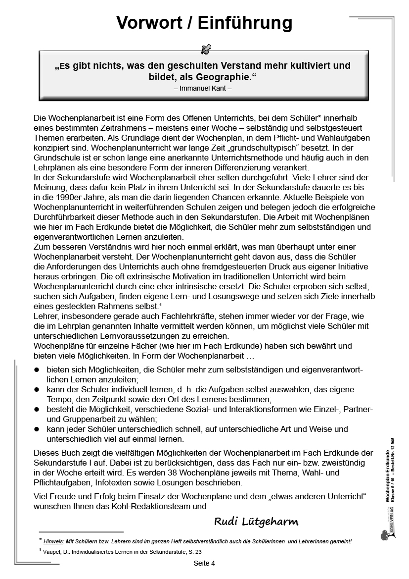 Wochenplan Erdkunde / Klasse 9/10