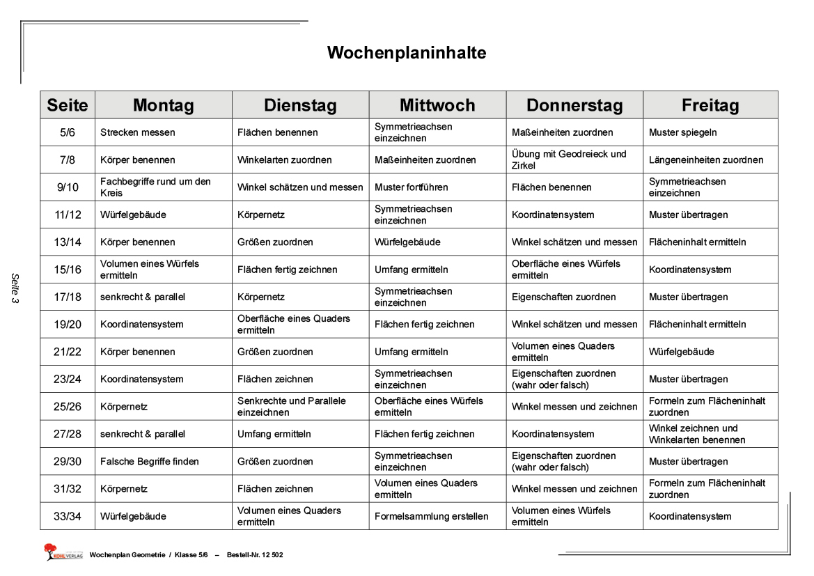 Wochenplan Geometrie / Klasse 5-6