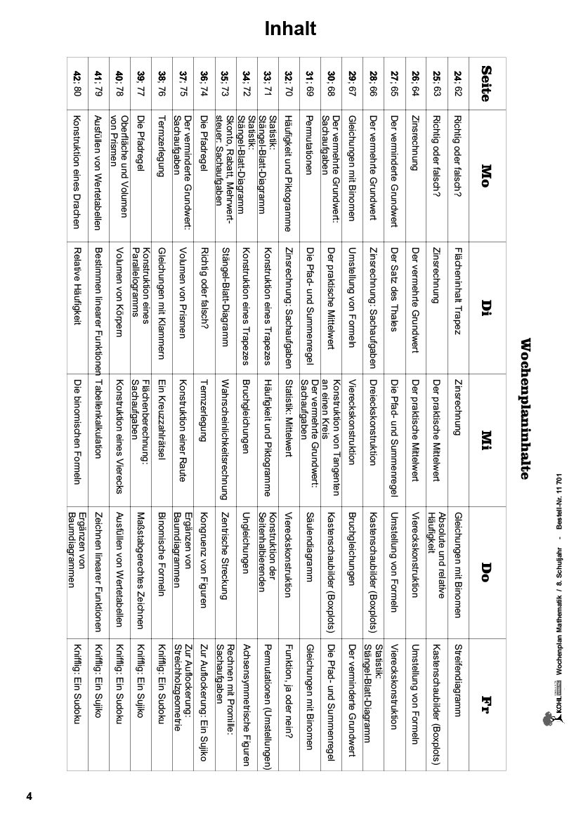 Wochenplan Mathe / Klasse 8