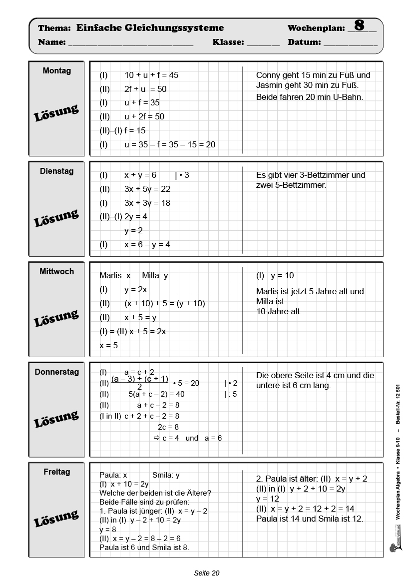 Wochenplan Algebra / Klasse 9-10