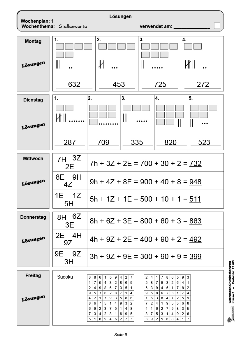 Wochenplan Grundrechenarten / Klasse 3