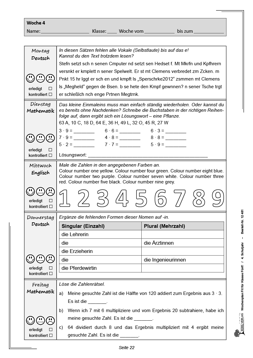 Wochenplan Fit für Klasse Fünf!