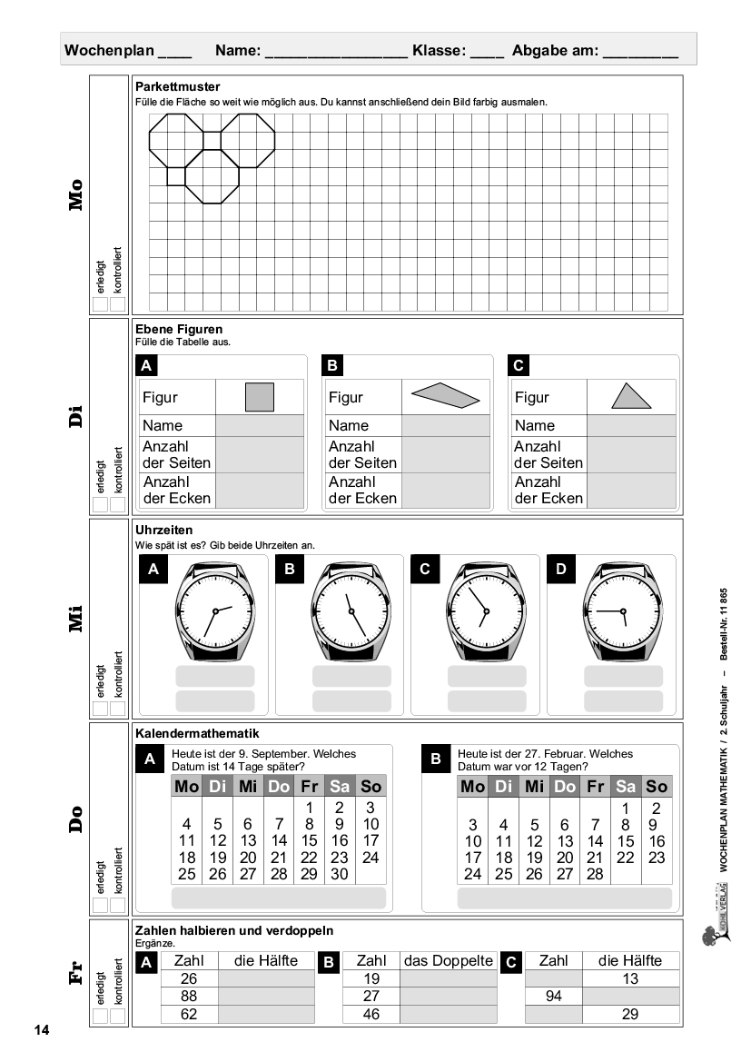 Wochenplan Mathe / Klasse 2