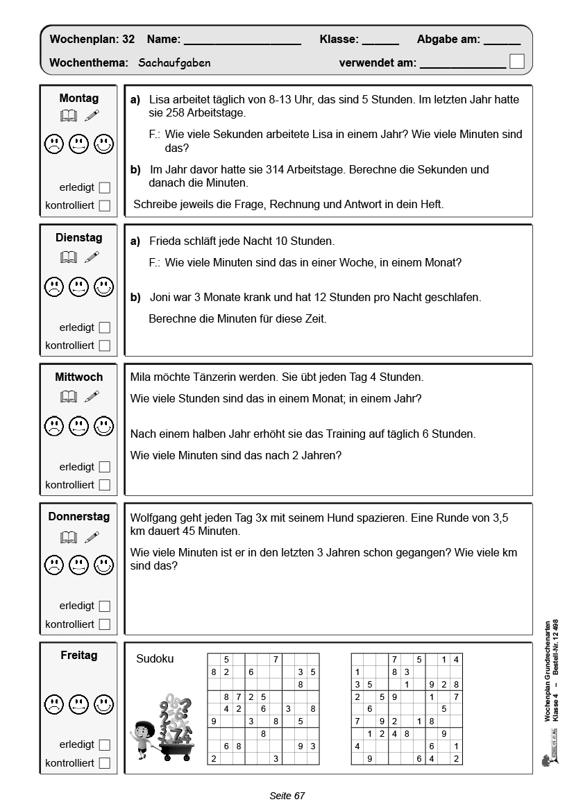 Wochenplan Grundrechenarten / Klasse 4