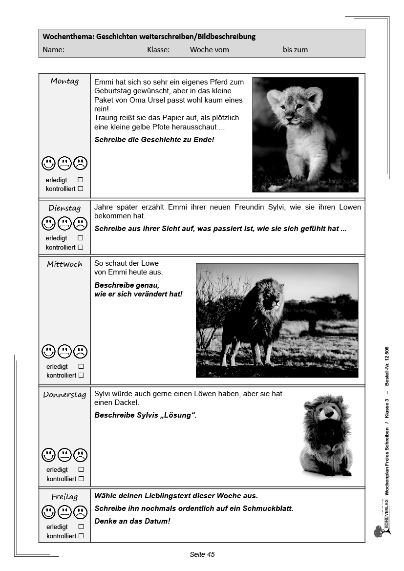 Wochenplan Freies Schreiben / Klasse 3