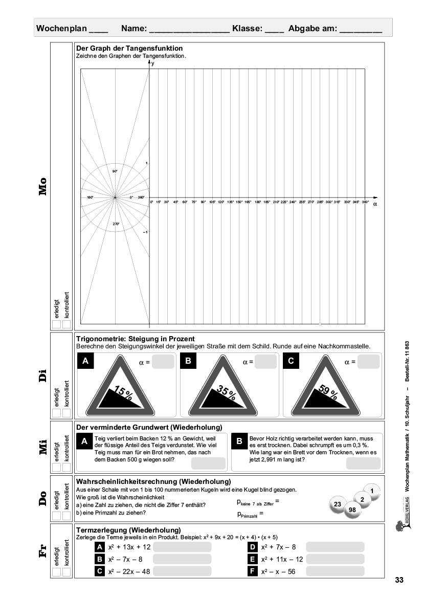 Wochenplan Mathe / Klasse 10