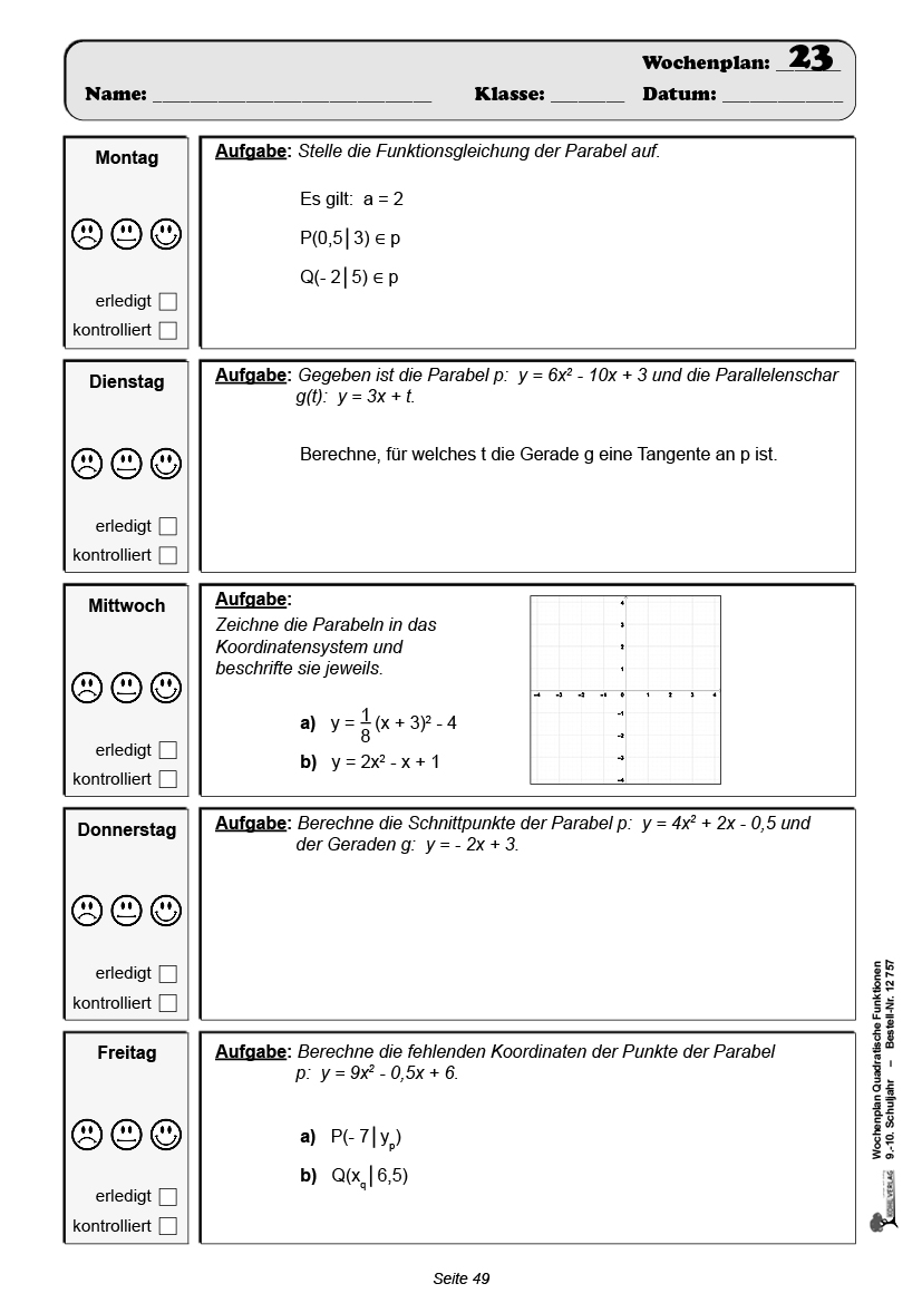 Wochenplan Quadratische Funktionen / Klasse 9-10