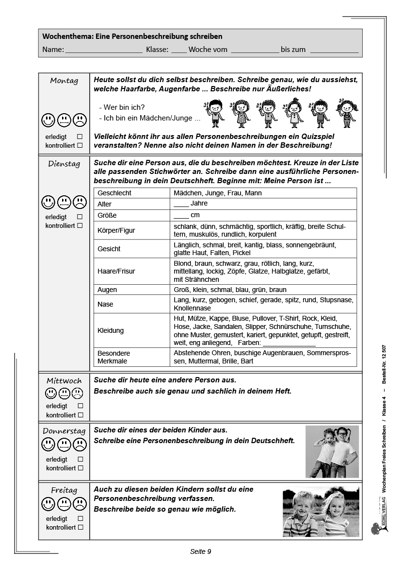 Wochenplan Freies Schreiben / Klasse 4