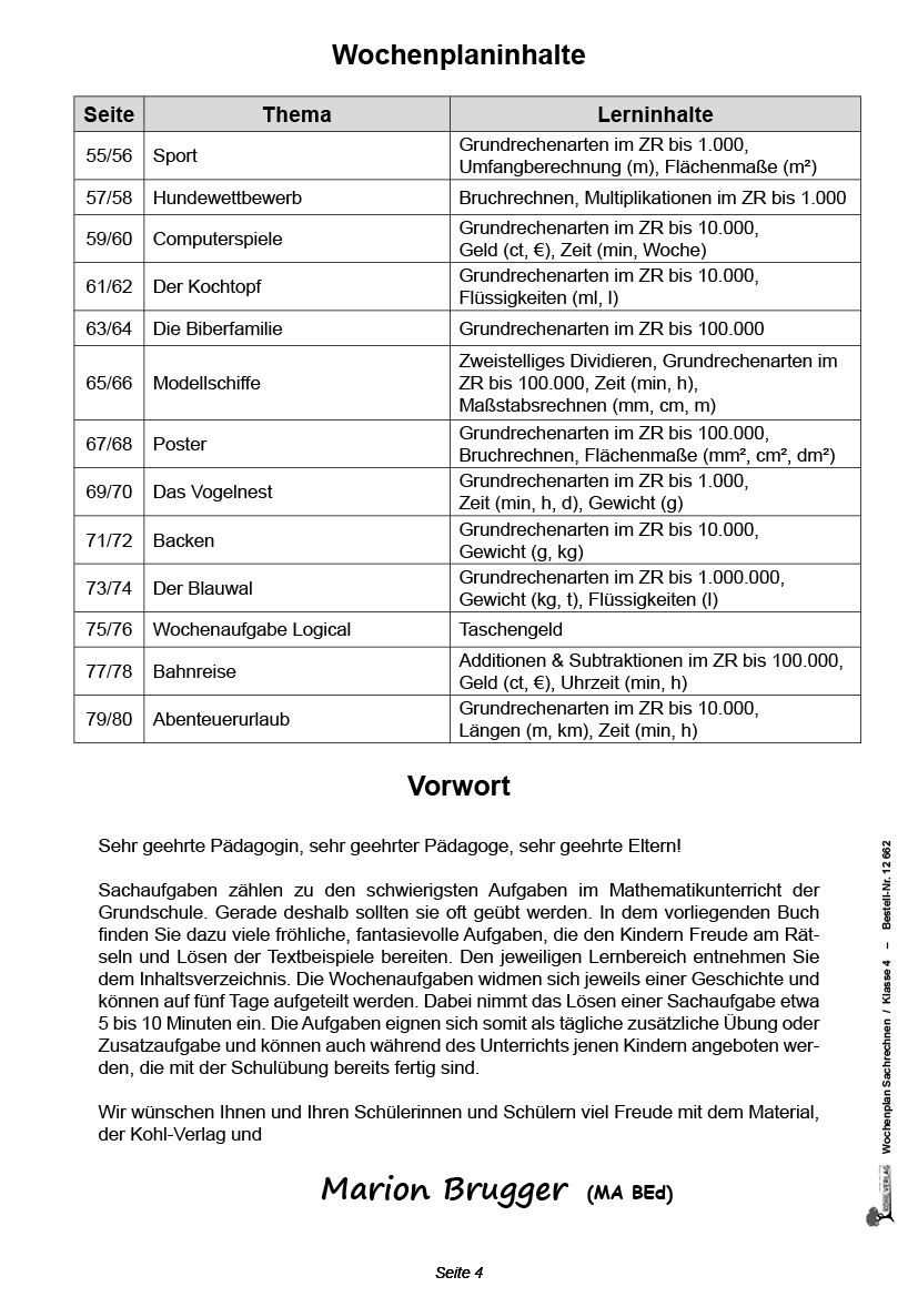 Wochenplan Sachrechnen / Klasse 4