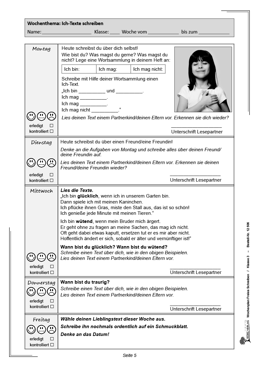 Wochenplan Freies Schreiben / Klasse 3