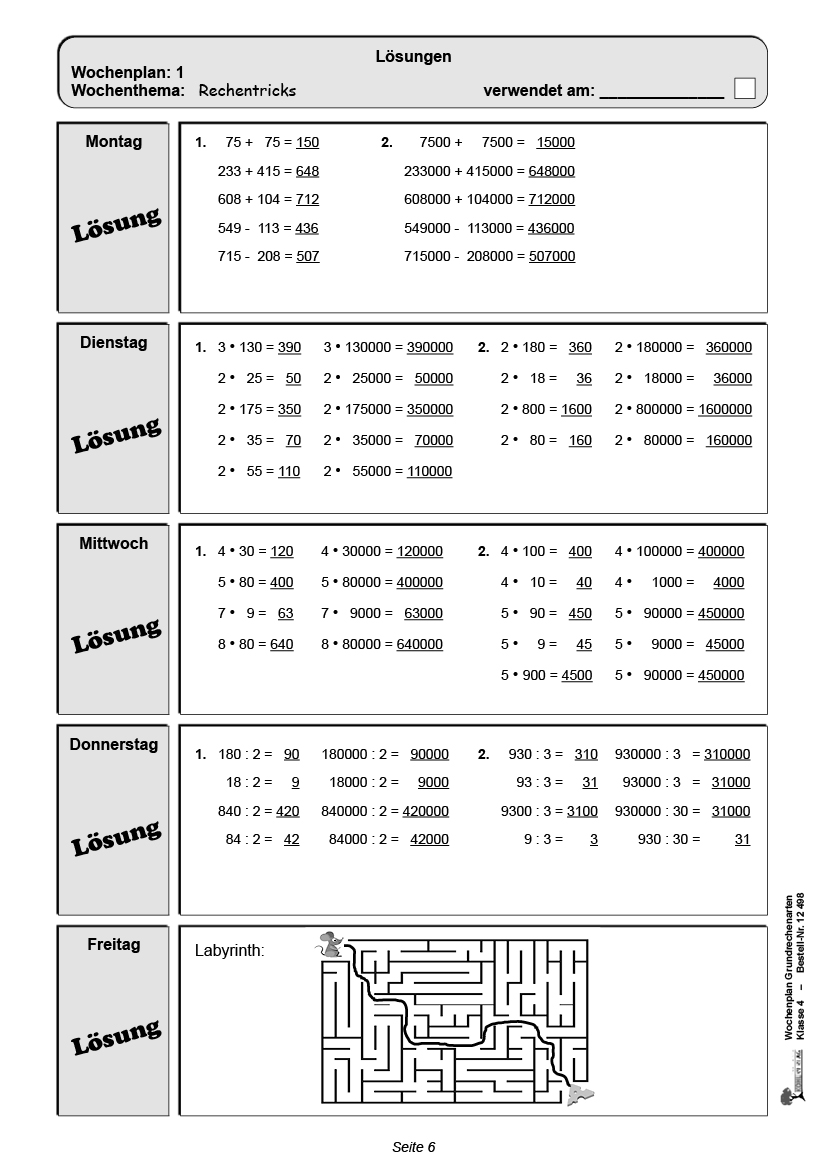 Wochenplan Grundrechenarten / Klasse 4