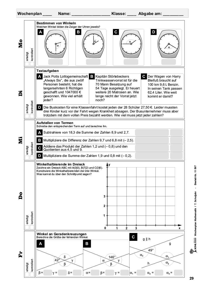 Wochenplan Mathe / Klasse 7