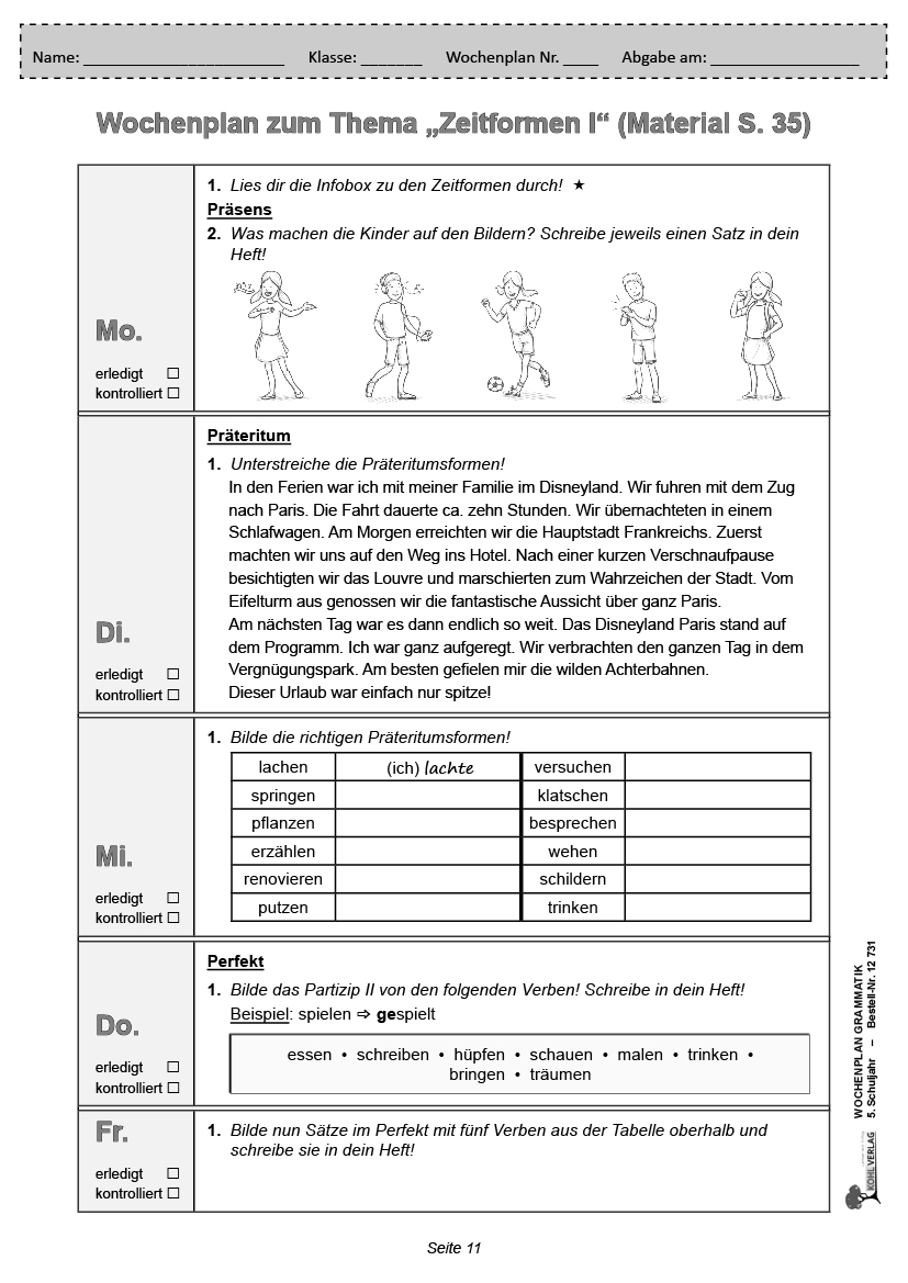 Wochenplan Grammatik / Klasse 5