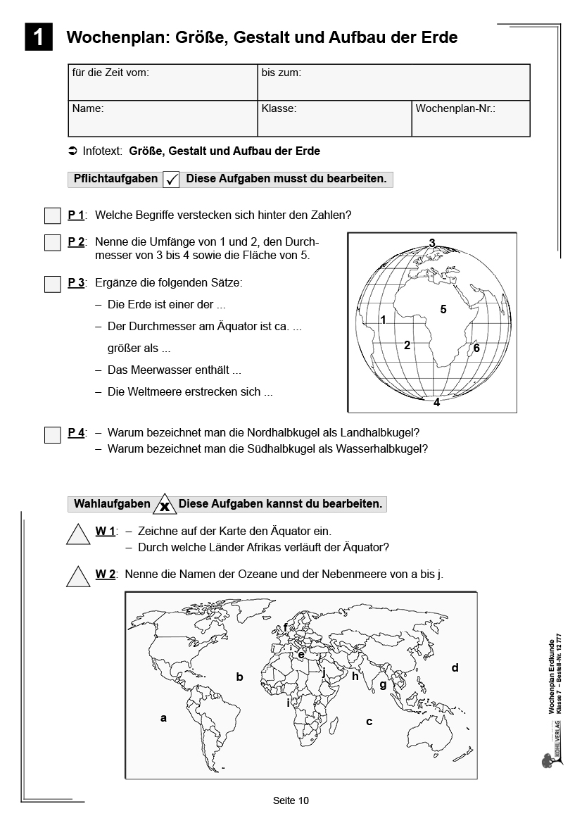 Wochenplan Erdkunde / Klasse 7