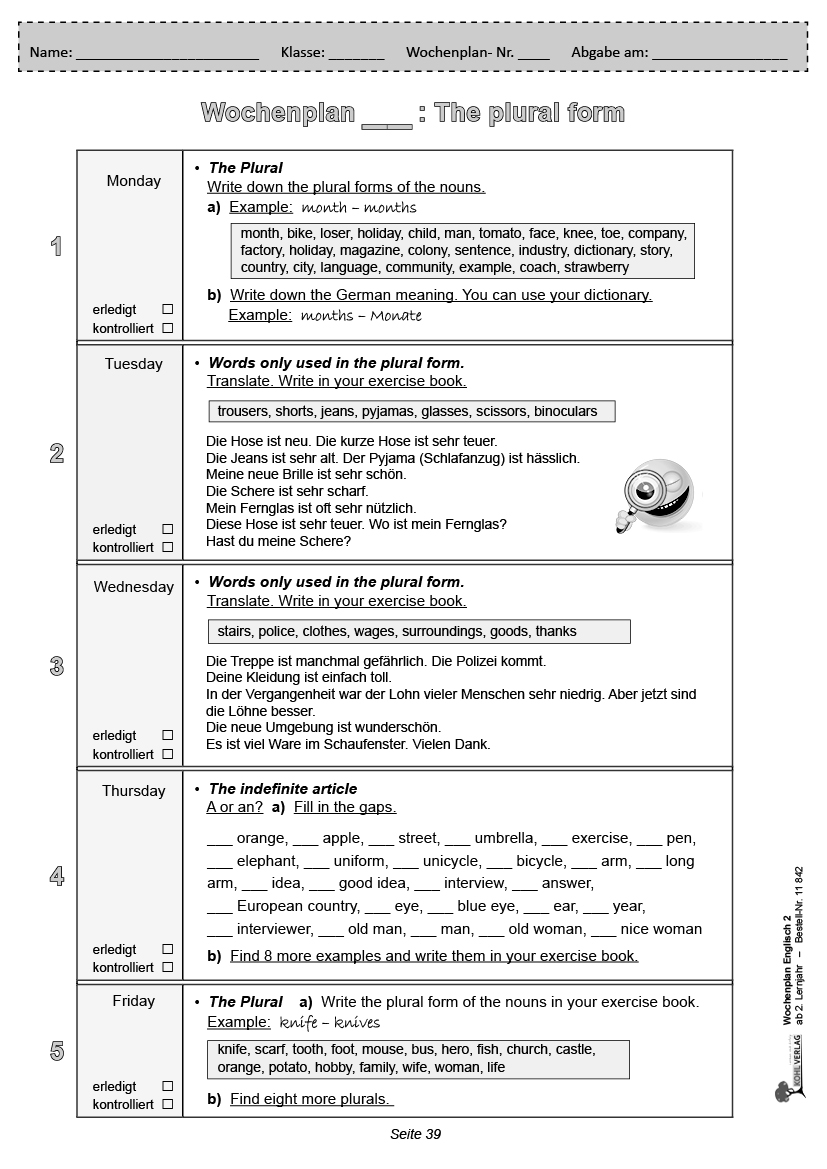 Wochenplan Englisch 2 / ab 2. Lernjahr