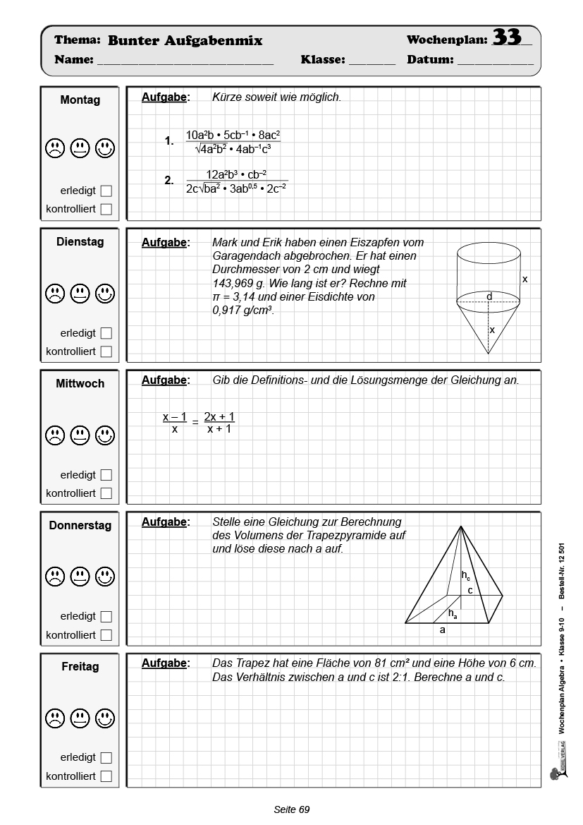 Wochenplan Algebra / Klasse 9-10