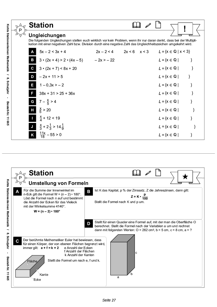 Stationenlernen Mathe / Klasse 8