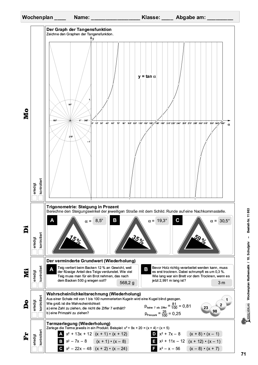 Wochenplan Mathe / Klasse 10