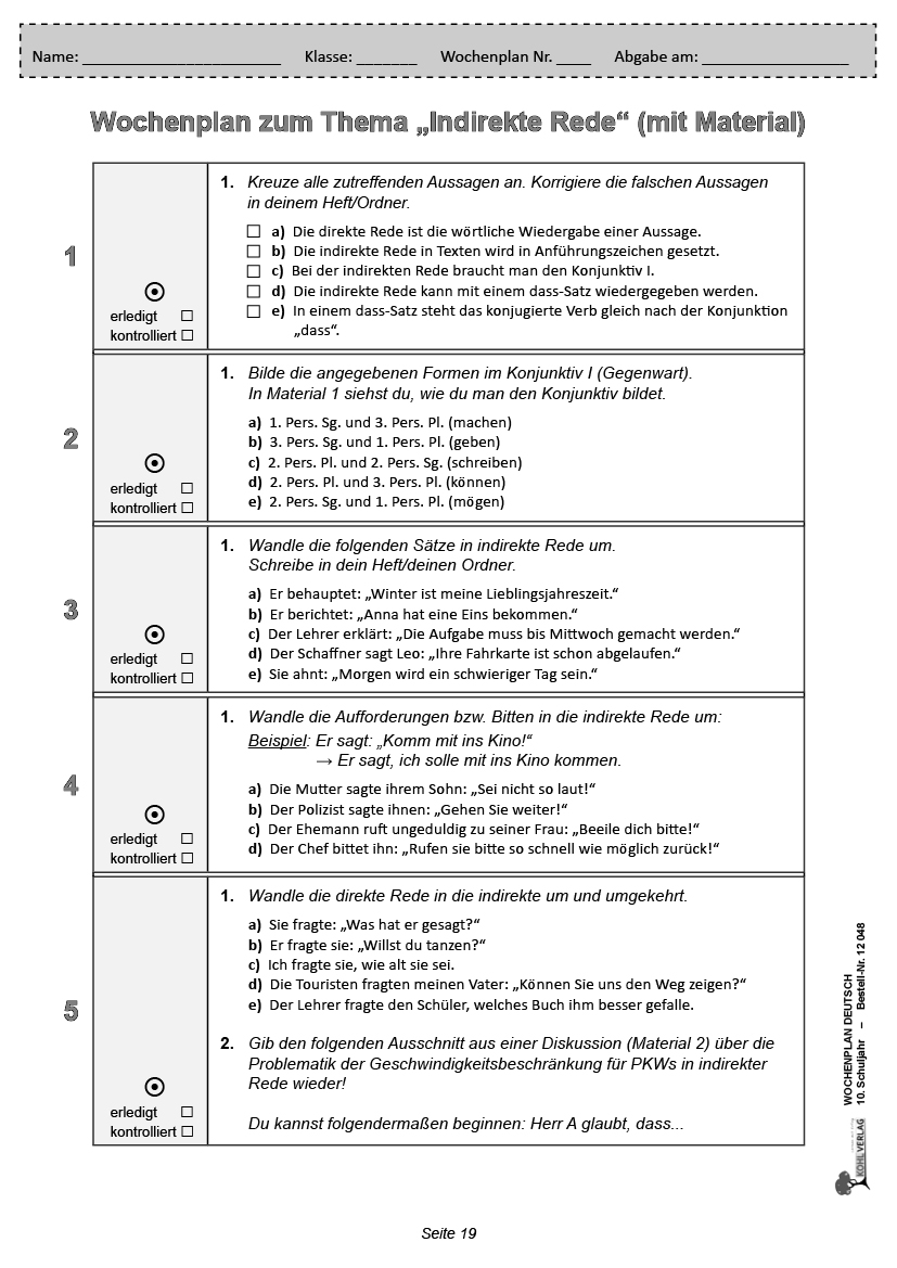 Wochenplan Deutsch / Klasse 10